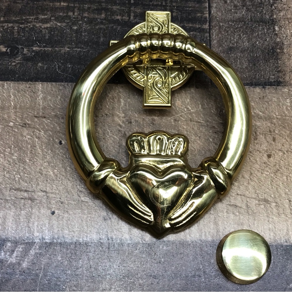 Vintage Brass Irish Claddagh Doorknocker Cross Engraved w/Gothic “G” *D&G Spain